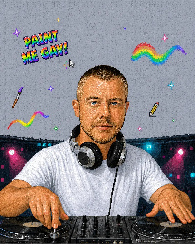 DJ Sir Gay at the decks in Paint Me Gay artwork